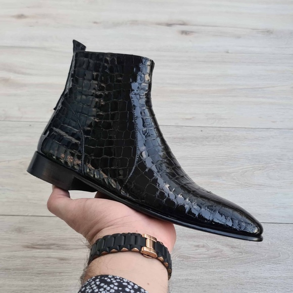 Black Men's Chelsea Croco Patent Leather Boots | Red Sole - Picture 3 of 4